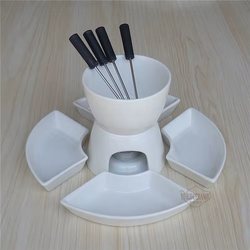 White Ceramic Chocolate Fondue Pot with 4 Dishes Forks Porcelain Diy Fondue Serving Set for Cheese, Chocolate, Icecream