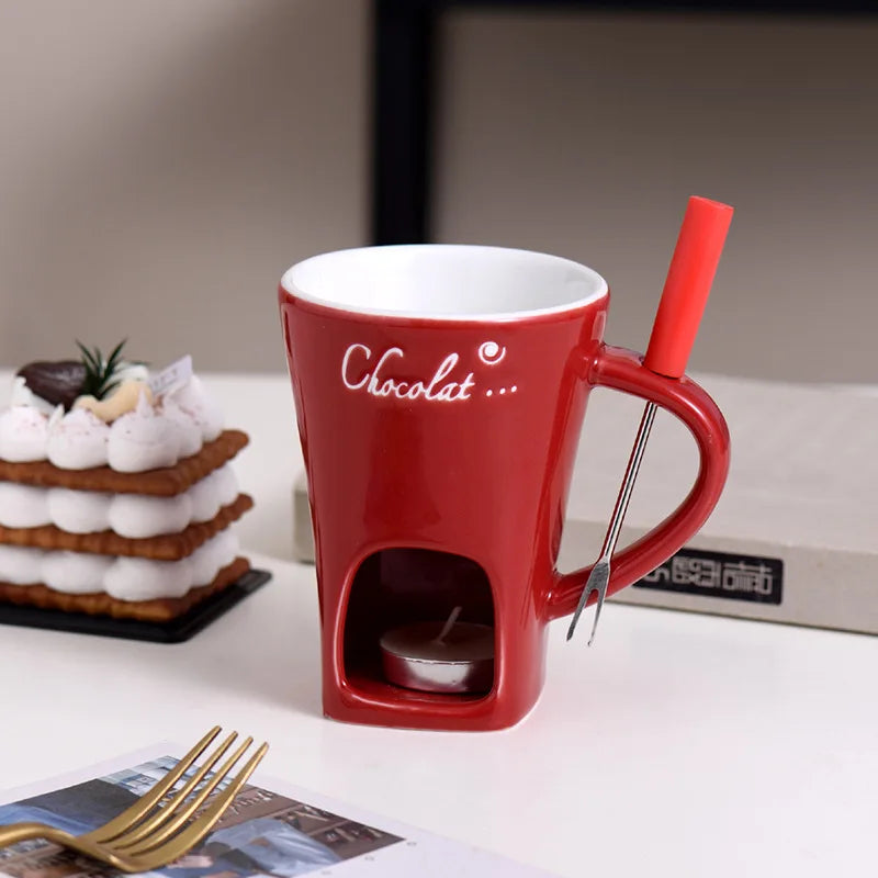 Chocolate Melting Cup Ceramic Fondue Cups with Fork Coffee Mug Chocolate Cooking Pots for Dessert Cheese Butter Melter Cup Gifts