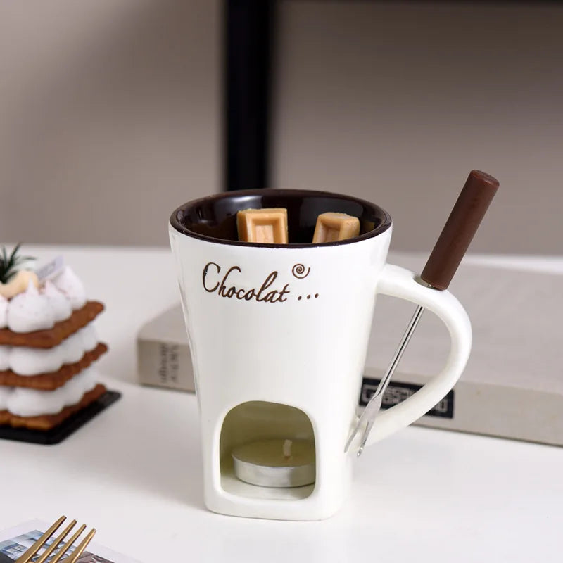 Chocolate Melting Cup Ceramic Fondue Cups with Fork Coffee Mug Chocolate Cooking Pots for Dessert Cheese Butter Melter Cup Gifts
