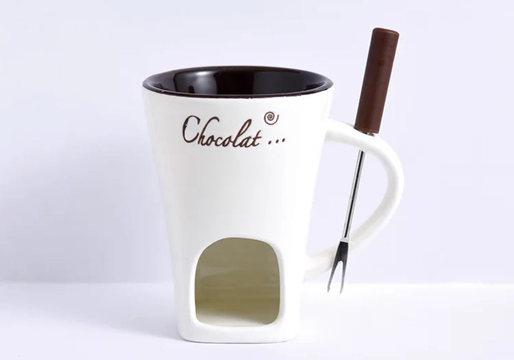 Chocolate Melting Cup Ceramic Fondue Cups with Fork Coffee Mug Chocolate Cooking Pots for Dessert Cheese Butter Melter Cup Gifts