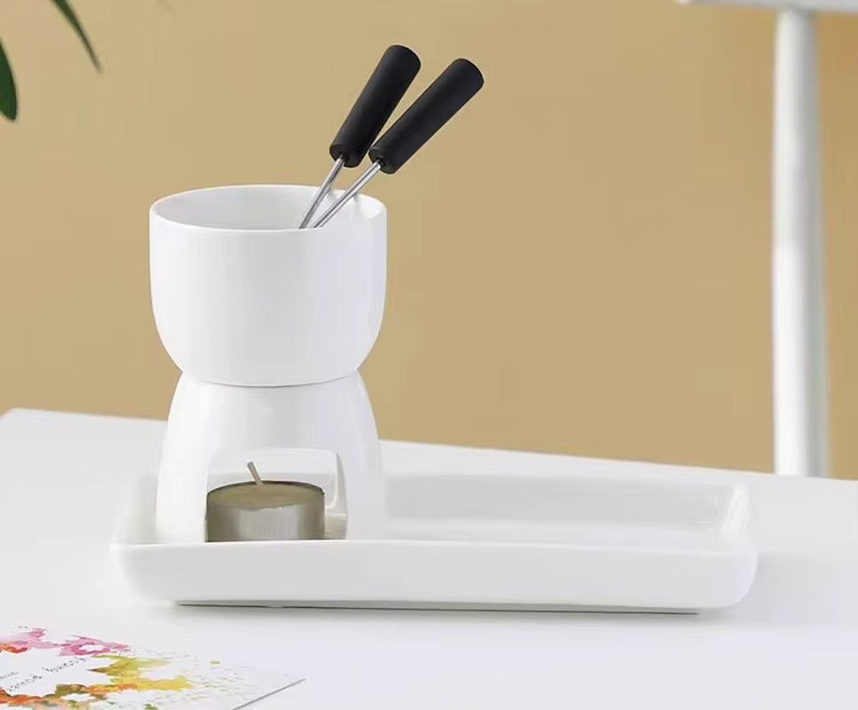 White Ceramic Chocolate Fondue Pot with 4 Dishes Forks Porcelain Diy Fondue Serving Set for Cheese, Chocolate, Icecream